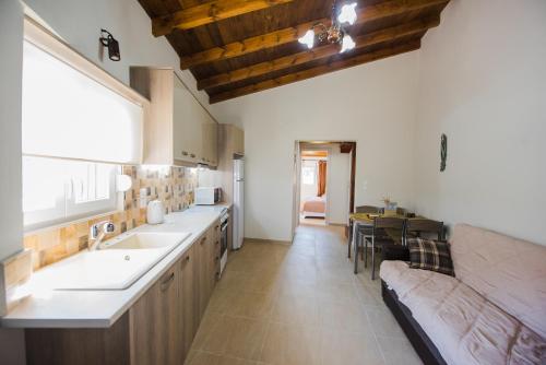 a large kitchen with a sink and a table at Villa Ariadni - Cretan Hospitality in Protória