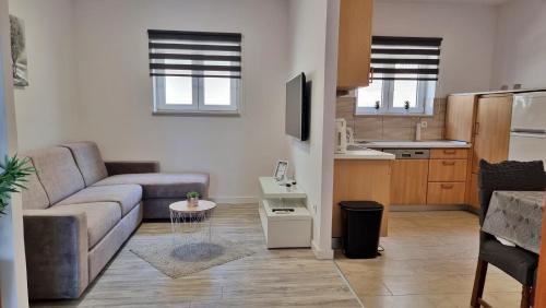 a living room with a couch and a kitchen at Apartment Milana in Duće