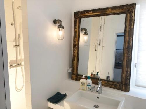 W łazience znajduje się umywalka i lustro. w obiekcie Denis & Virginie - château à pied - parking gratuit w Wersalu