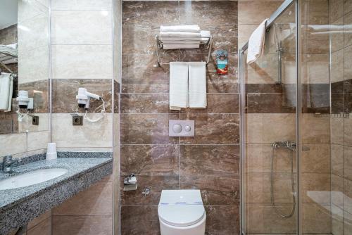 ein Bad mit einem WC, einem Waschbecken und einer Dusche in der Unterkunft Blue Star Hotel in Alanya