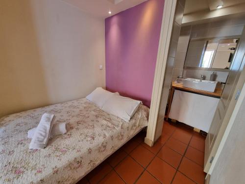 una piccola camera da letto con un letto e un lavandino di I Love Perpignan appartment 9 a Perpignano