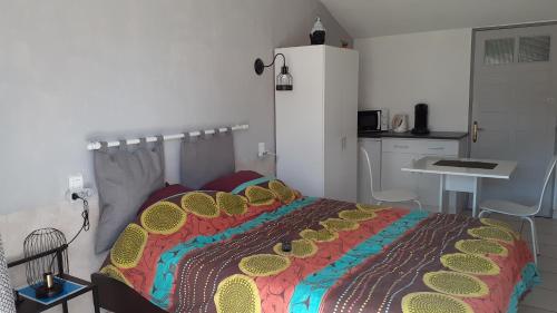 Cuxac-dʼAudeにあるStudio et piscine au selのベッドルーム1室(カラフルな毛布付きのベッド1台付)