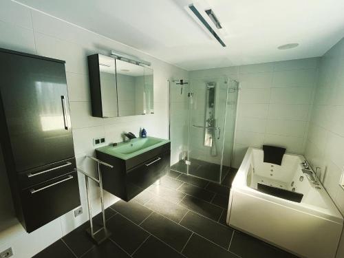 a bathroom with a sink and a shower and a toilet at gehobene Ferienwohnung im schönen Odenwald in Fürth