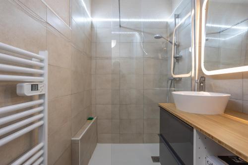 ein Bad mit einem Waschbecken und einer Dusche in der Unterkunft Terrasse des Lupins in Embrun