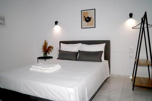 a bedroom with a large white bed with a tripod at Ktima Ayia Marina in Amalias