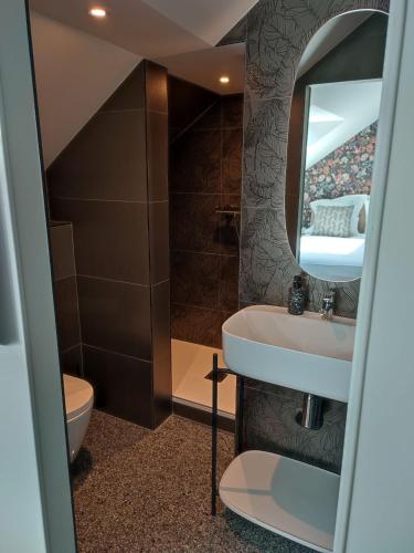 a bathroom with a sink and a toilet and a mirror at Hôtel Paulette Rouen Centre Cathédrale in Rouen