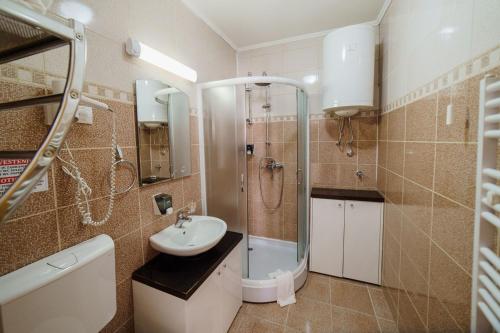 uma casa de banho com um lavatório e um chuveiro em Apartment Unna em Kopaonik