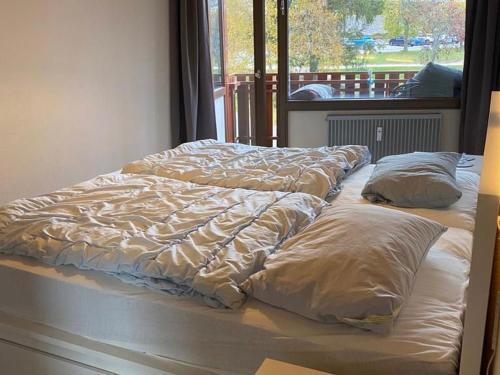 2 Einzelbetten in einem Zimmer mit Fenster in der Unterkunft Ferienwohnung Schluchseetraum im Kurhaus in Schluchsee