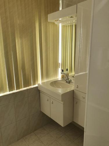 een witte badkamer met een wastafel en een spiegel bij Stal Nieuwland in Vierpolders
