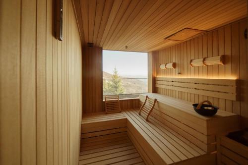 a sauna with a window and two chairs in it at Studio Unna in Kopaonik