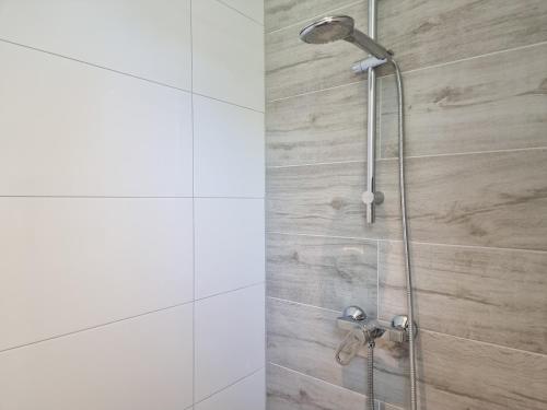 een douche met een douchekop in de badkamer bij Vakantiewoning De kleine Vos MB02 in Middelburg