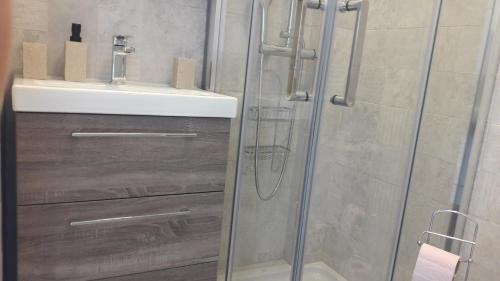 a bathroom with a shower and a sink at Splendide studio front de mer in Menton