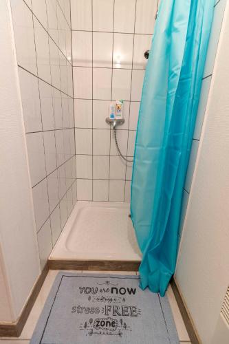 La salle de bains est pourvue d'une douche et d'un panneau au sol. dans l'établissement Le Grand Appart' proche commerces, à Flers