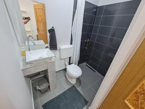 ein kleines Badezimmer mit Toilette und Waschbecken in der Unterkunft Budget Apartment LeLo Centar2 in Osijek