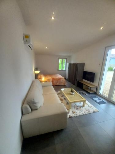 un salon avec un canapé et un lit dans l'établissement Une petite maison et sa prairie, à Villefargeau