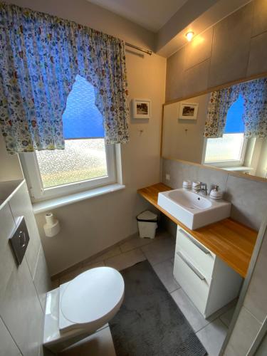 a bathroom with a sink and a toilet and a window at Apartament Stella Maris in Puck