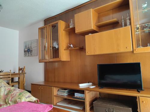un salon avec une télévision et des armoires en bois dans l'établissement Apartamentos Casa May III - Centro Benidorm, à Benidorm