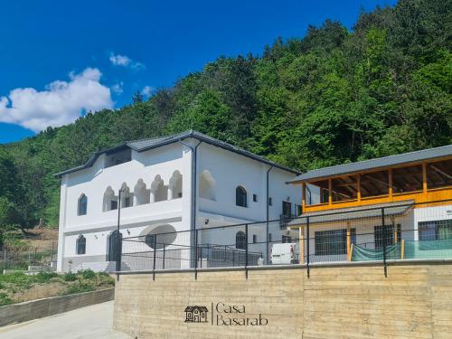 un gran edificio blanco en el lateral de una montaña en Casa Basarab en Călimăneşti