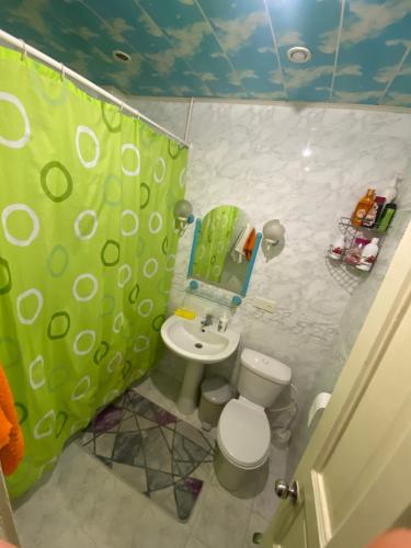 baño con cortina de ducha verde y aseo en My Home Guest House en Bakú