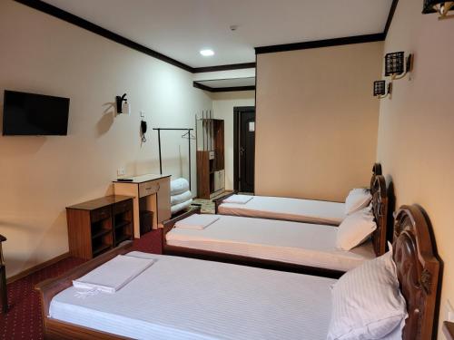 a hotel room with two beds and a television at MELODIA Guest House in Bukhara
