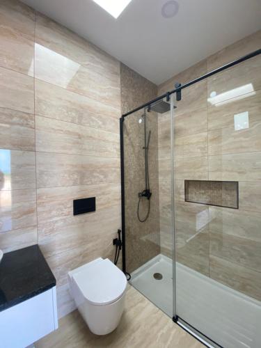 a bathroom with a toilet and a shower at Quinta do Planalto Vicentino - Casas de Campo in Aljezur