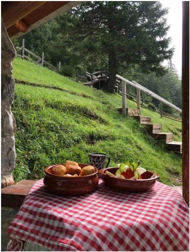 a table with two bowls of fruit on a checkered table cloth at Koliba Simonović-Šiško jezero in Berane