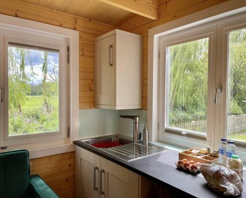 a kitchen with a sink and two windows in a cabin at Willow Tree Lodge - Cosy lodge in the heart of the Kent countryside in Littlebourne