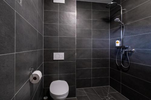 La salle de bains est pourvue d'une douche et de toilettes. dans l'établissement Das Taja Paznaun Penthouse Apartments, à See