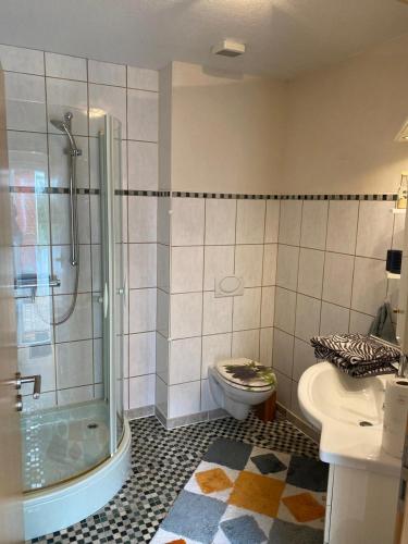 een badkamer met een douche, een toilet en een wastafel bij Ferienwohnung Pupavac in Bad Frankenhausen
