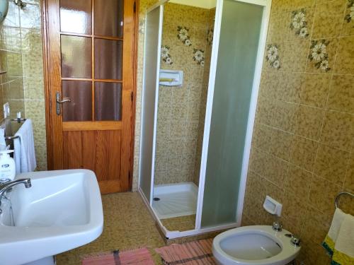 a bathroom with a shower and a toilet and a sink at App.to Pian del Ronco in Pellegrino Parmense