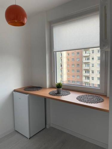 01 Gdańsk Oliwa - Apartament Mieszkanie dla 4 os في غدانسك: طاولة مطبخ مع نافذة عليها نبات خزاف