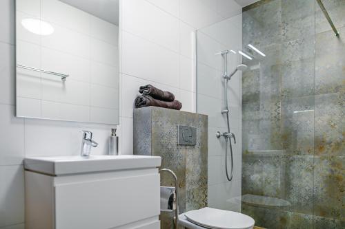a bathroom with a shower and a toilet and a sink at Morris Apartamenty in Chłopy
