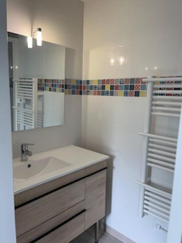 a white bathroom with a sink and a mirror at SUPERBE APPARTEMENT AU CALME in Sainte-Féréole