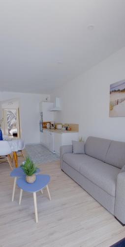 un salon avec un canapé et une table dans l'établissement L'Escale Bretonne 4 personnes, proche mer, jardin privé clos et indépendant, appartement en rez de chaussé, au Guilvinec