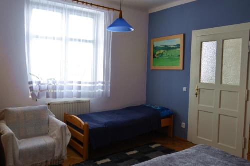プラハにあるPravouhlaのベッド1台、椅子、窓が備わる客室です。