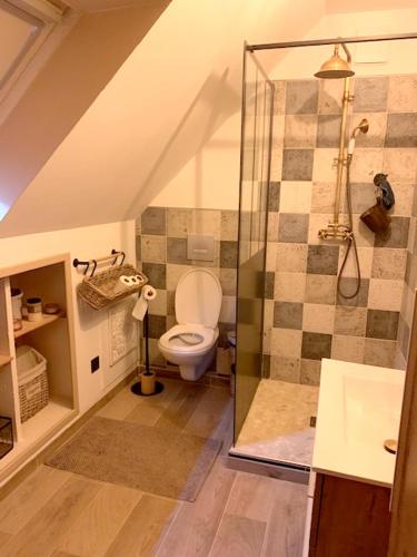 une salle de bain avec toilettes et douche en verre dans l'établissement Villa élégante à Omerville avec piscine privée, à Omerville