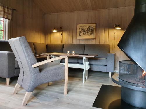a living room filled with furniture and a fireplace at Groven Camping & Hyttegrend in Åmot