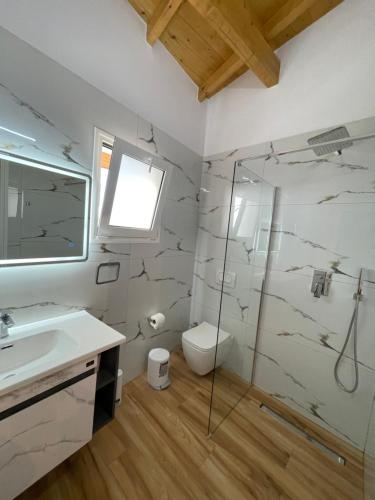 a bathroom with a shower and a toilet and a sink at Arial Penthouse Suites in Vlorë