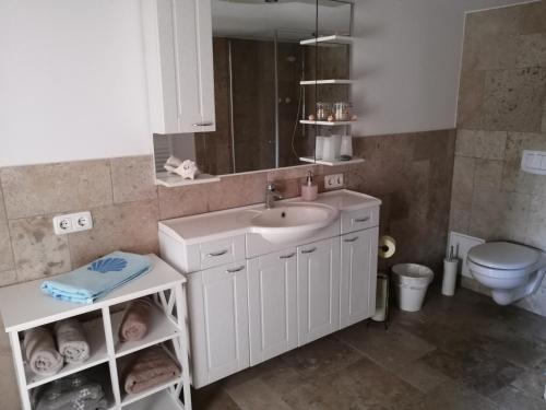 bagno con lavandino e servizi igienici di Strandhaus Florimar a Brook
