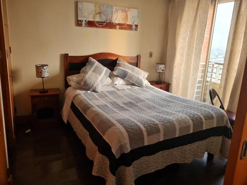 een slaapkamer met een bed met kussens en een raam bij Departamentos Pontoni Escuela Militar in Santiago