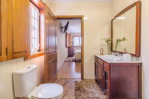 ein Badezimmer mit einem WC, einem Waschbecken und einem Spiegel in der Unterkunft Araújo 111 - Traditional House in Leça do Balio