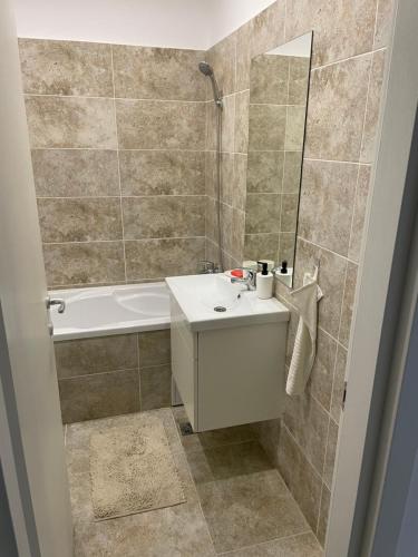 uma casa de banho com um lavatório, uma banheira e um espelho. em Militari Comfort Studio em Roşu