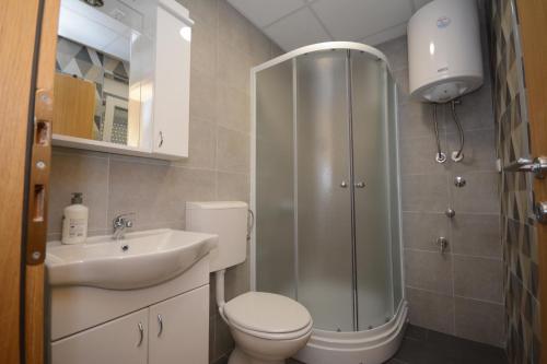 ein Bad mit einer Dusche, einem WC und einem Waschbecken in der Unterkunft Apartman Jocić in Vrnjačka Banja