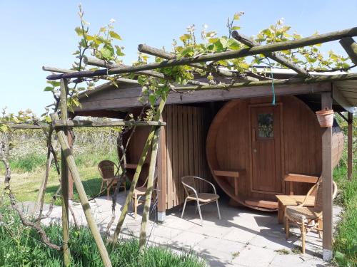 a small wooden cabin with a table and chairs in front at Wijndomein de Vier Ambachten -overnachten in de wijngaard in Simonshaven
