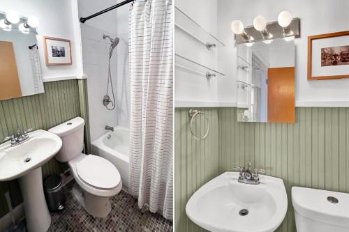 two pictures of a bathroom with a sink and a toilet at Cozy Cottage in the Heart of Hyde Park home in Cincinnati