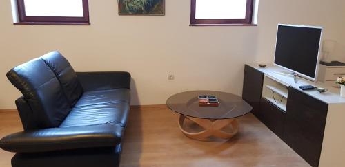 ein Wohnzimmer mit einem Ledersessel und einem Tisch in der Unterkunft Apartmani Filipi in Vrnjačka Banja