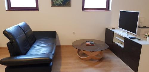 a living room with a leather chair and a table at Apartmani Filipi in Vrnjačka Banja