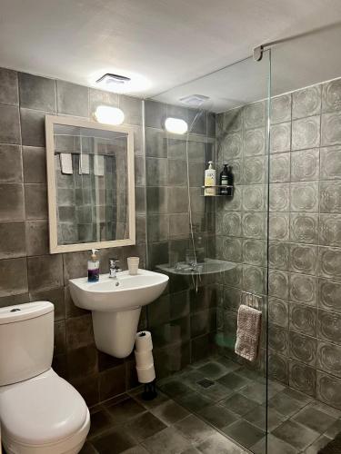 a bathroom with a toilet and a sink and a shower at FatCow Beach House 43 in Larnaca