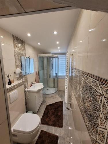 a bathroom with a toilet and a sink and a shower at Ferienhaus Larina in Cochem