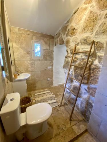 une salle de bain en pierre avec toilettes et lavabo dans l'établissement BERGERIE A Murta, Domaine de l Ogliastru, à Olmeto